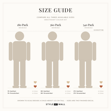 Sweetheart Hearts Wall Sticker Decals: size guide, every size shown to scale beside a child