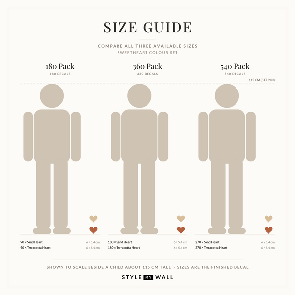 Sweetheart Hearts Wall Sticker Decals: size guide, every size shown to scale beside a child