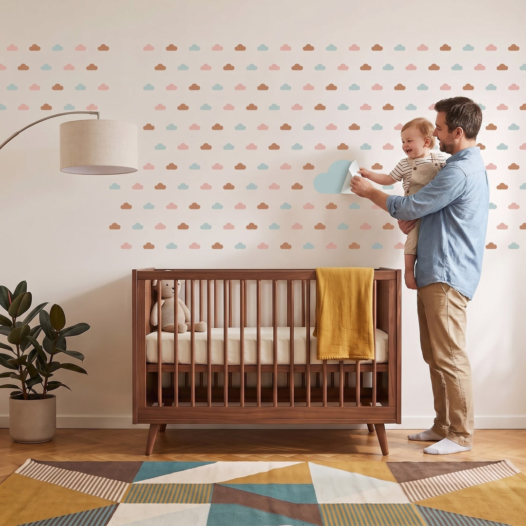 Dreamy Sky Clouds Wall Sticker Decals wall decals: a toddler and their dad putting the decals up in a nursery