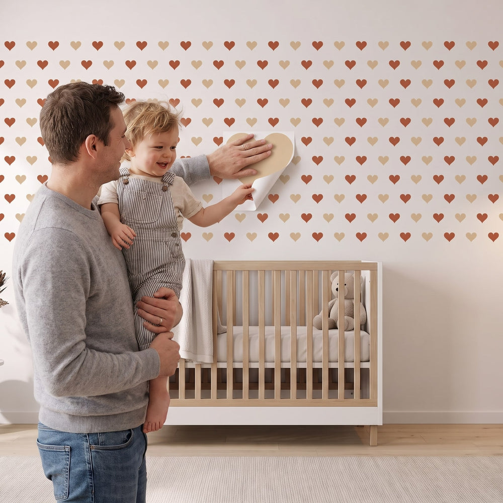 Sweetheart Hearts Wall Sticker Decals wall decals: a toddler and their dad putting the decals up in a nursery