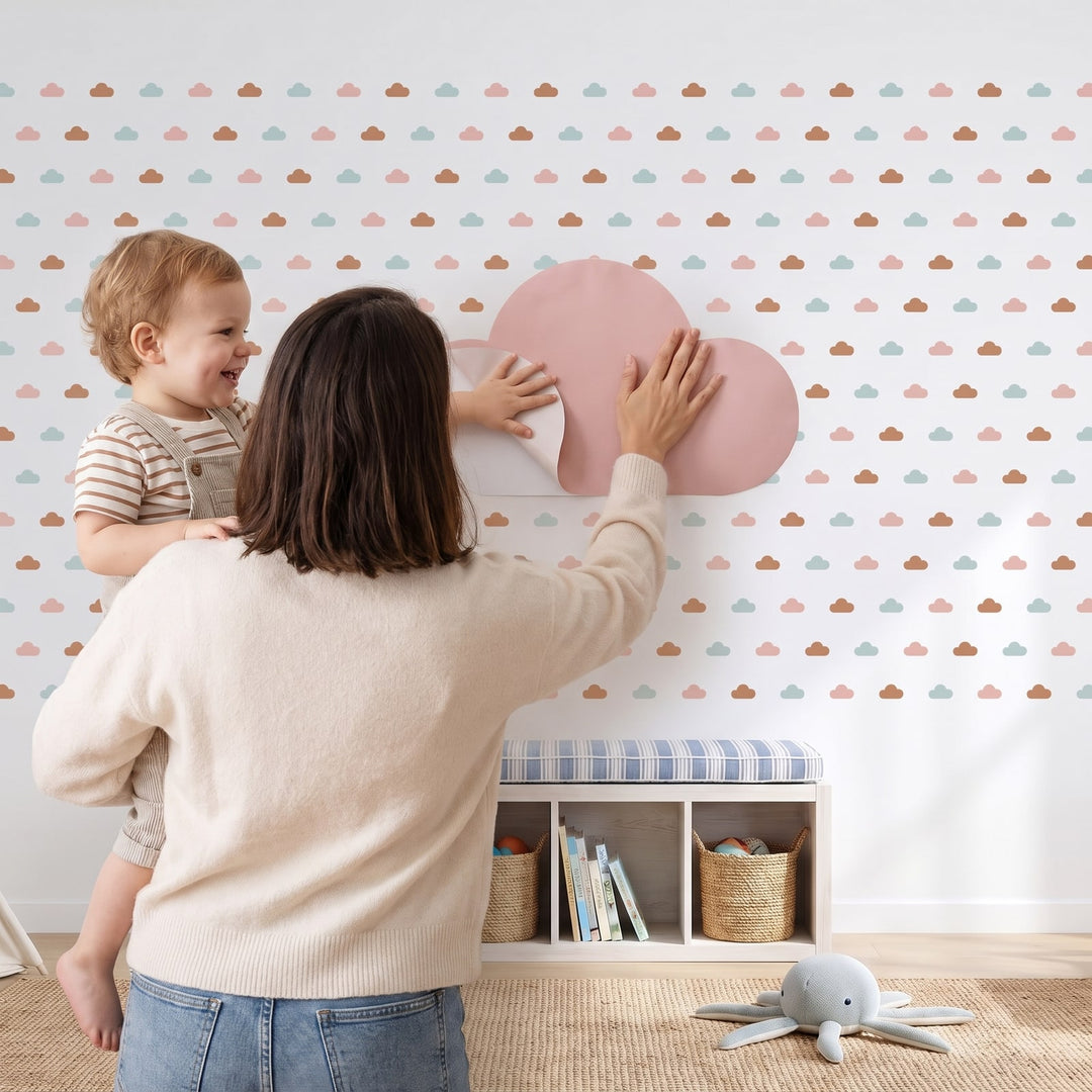 Dreamy Sky Clouds Wall Sticker Decals wall decals: a toddler and their mum putting the decals up in a playroom