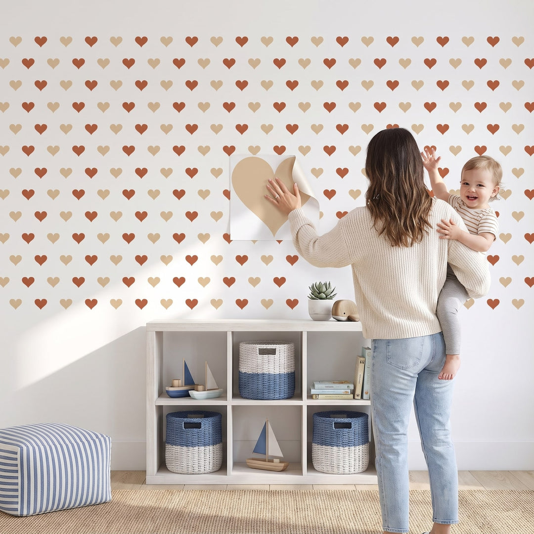 Sweetheart Hearts Wall Sticker Decals wall decals: a toddler and their mum putting the decals up in a kids' room
