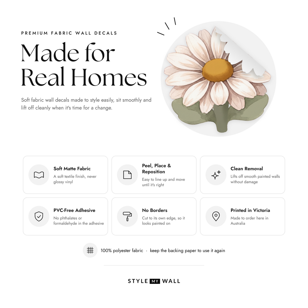 Daisy Meadow Wall Sticker Decals: soft matte fabric wall decals that peel, stick and reposition, printed in Victoria