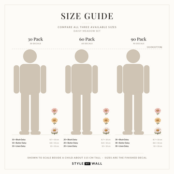 Daisy Meadow Wall Sticker Decals: size guide, every size shown to scale beside a child