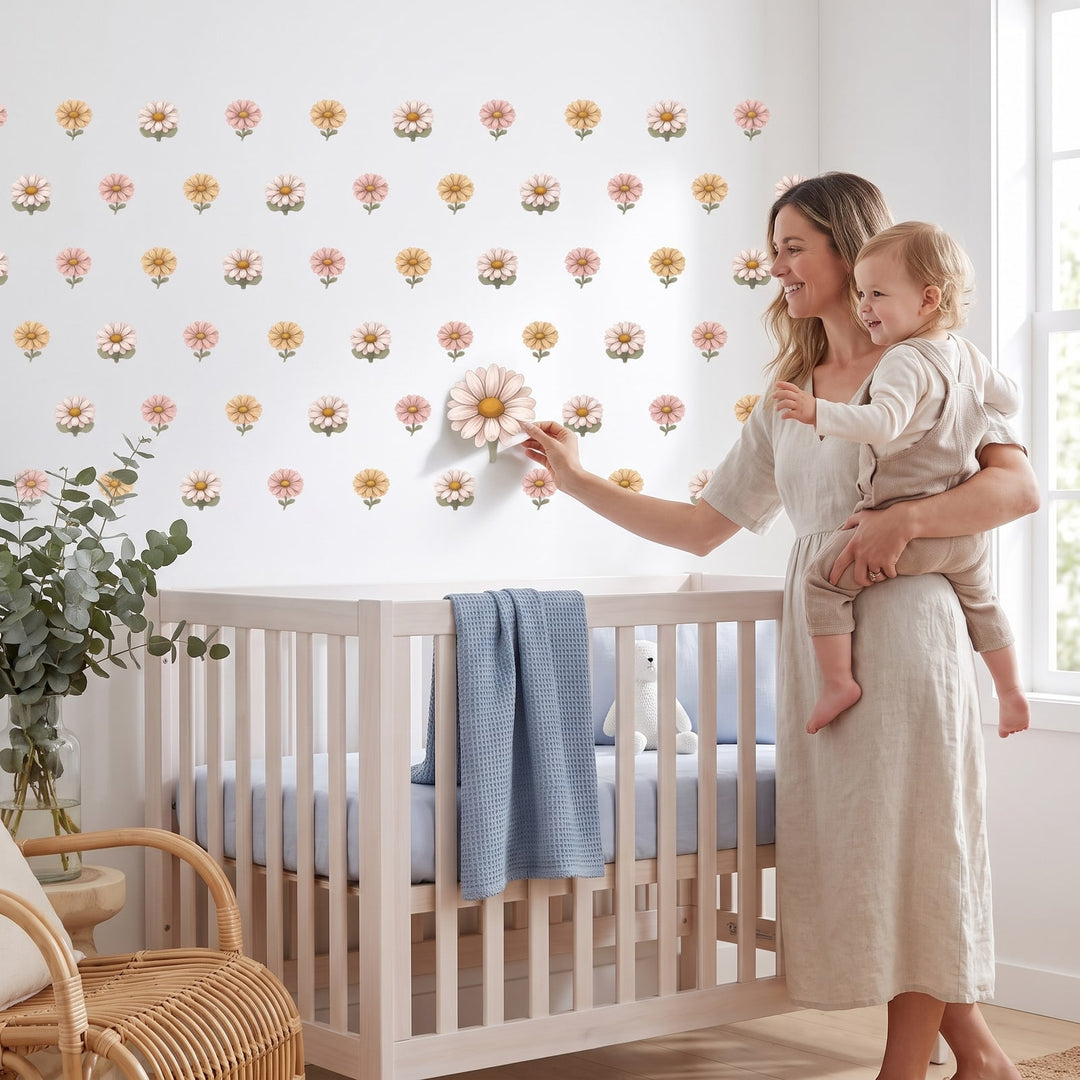 Daisy Meadow Wall Sticker Decals wall decals: a toddler and their mum putting the decals up in a nursery