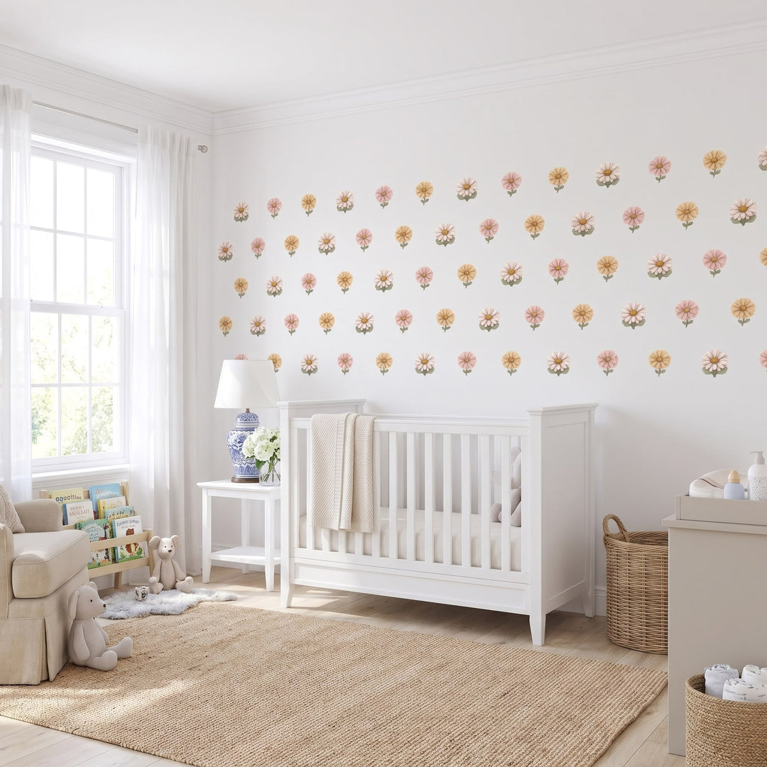 Daisy Meadow Wall Sticker Decals wall decals: the whole room from a corner in a nursery