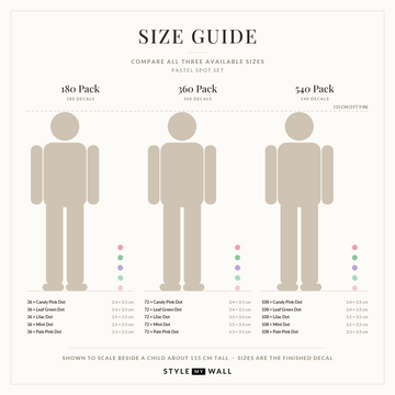 Pastel Spot Wall Sticker Decals: size guide, every size shown to scale beside a child