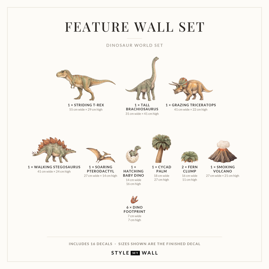 Dinosaur World Wall Sticker Decals: Feature Wall Set sizes