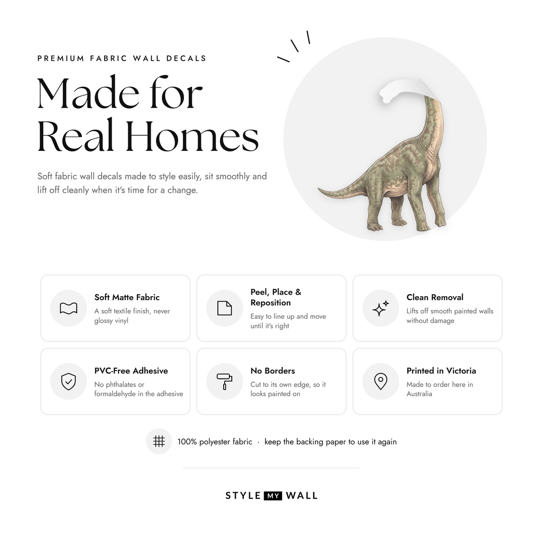 Dinosaur World Wall Sticker Decals: soft matte fabric wall decals that peel, stick and reposition, printed in Victoria