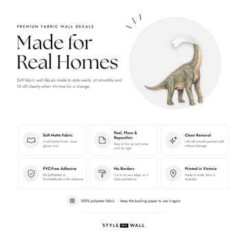 Dinosaur World Wall Sticker Decals: soft matte fabric wall decals that peel, stick and reposition, printed in Victoria