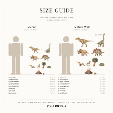 Dinosaur World Wall Sticker Decals: size guide, every size shown to scale beside a child