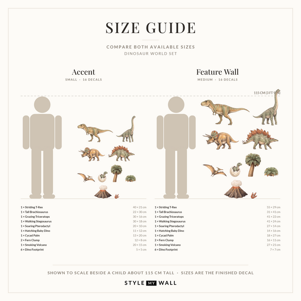 Dinosaur World Wall Sticker Decals: size guide, every size shown to scale beside a child