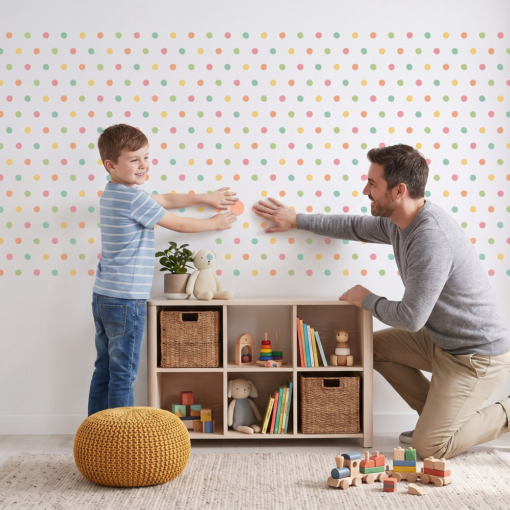 Soft Dot Cluster Wall Sticker Decals wall decals: a boy and his dad putting the decals up in a kids' room