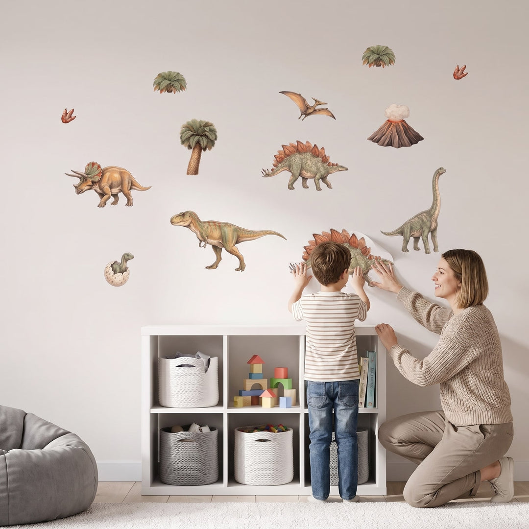 Dinosaur World Wall Sticker Decals wall decals: a boy and his mum putting the decals up in a kids' room