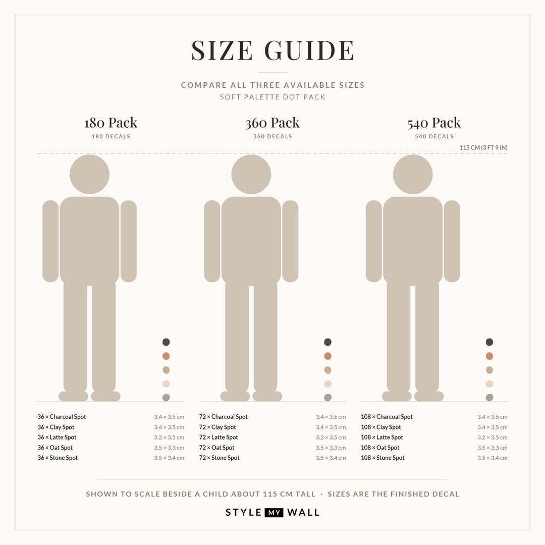 Soft Palette Dots Wall Sticker Decals: size guide, every size shown to scale beside a child