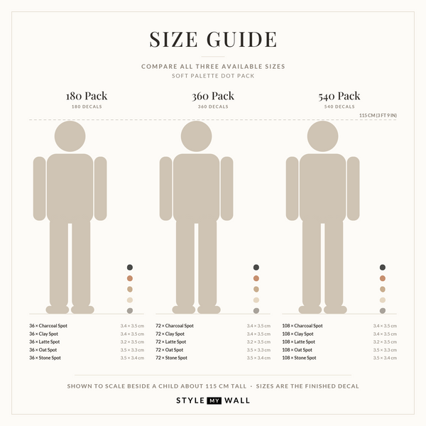 Soft Palette Dots Wall Sticker Decals: size guide, every size shown to scale beside a child