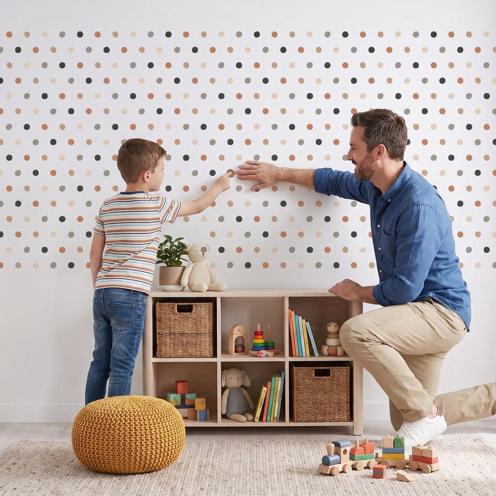 Soft Palette Dots Wall Sticker Decals wall decals: a boy and his dad putting the decals up in a kids' room