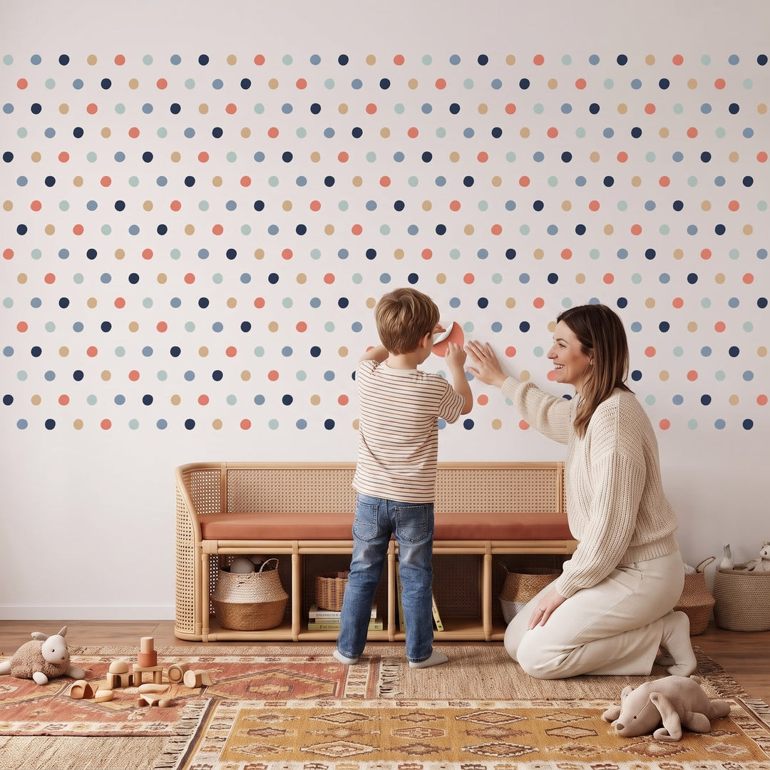 Scattered Dots Wall Sticker Decals wall decals: a boy and his mum putting the decals up in a playroom