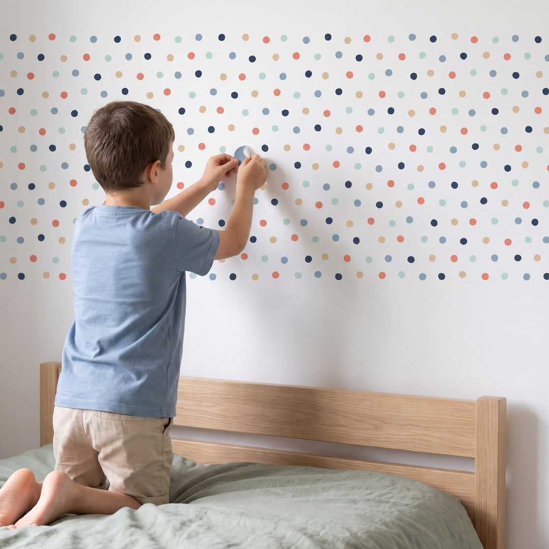 Scattered Dots Wall Sticker Decals wall decals: a boy putting the decals up in a boy's bedroom