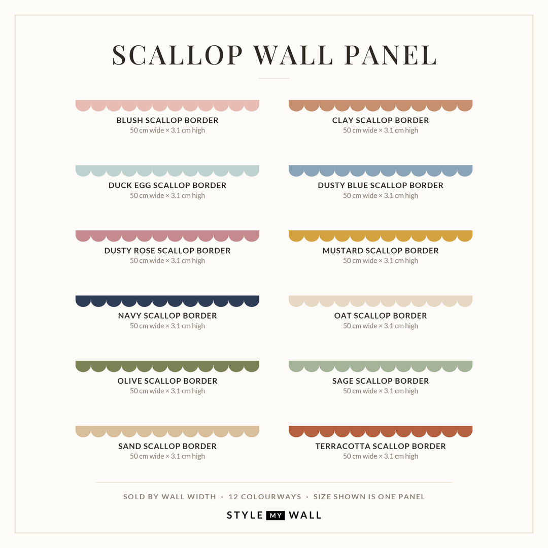 Scallop Border Panels Wall Sticker Decals: one 50 cm panel in each of the 12 colours, sold by wall width