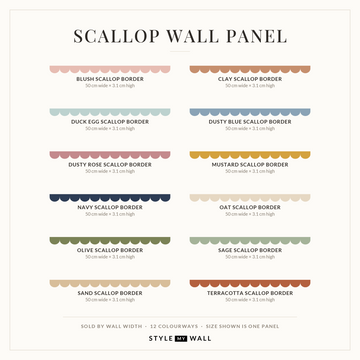 Scallop Border Panels Wall Sticker Decals: one 50 cm panel in each of the 12 colours, sold by wall width