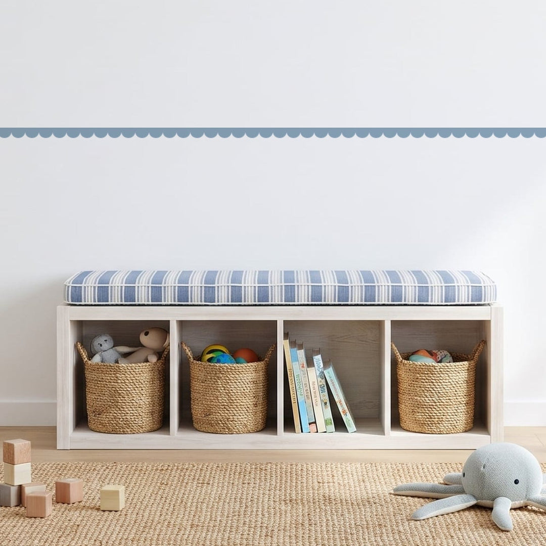Scallop Border Panels Wall Sticker Decals running across a playroom wall (in Dusty Blue)