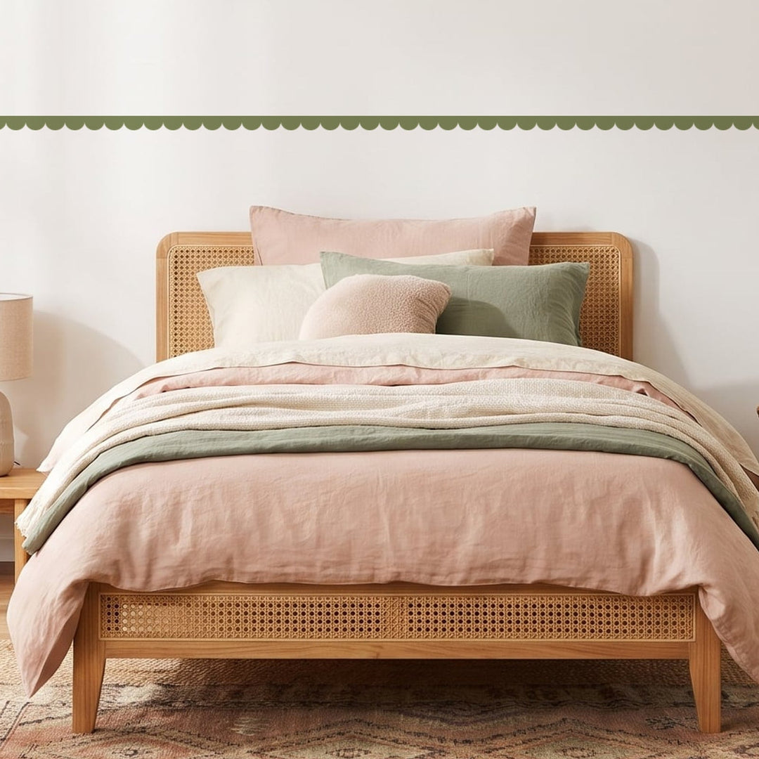 Scallop Border Panels Wall Sticker Decals running across a girl's bedroom wall (in Olive)