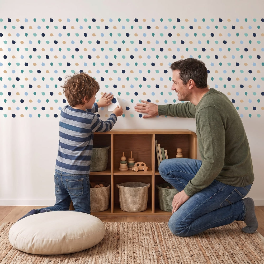 Pastel Pebble Dots Wall Sticker Decals wall decals: a boy and his dad putting the decals up in a kids' room