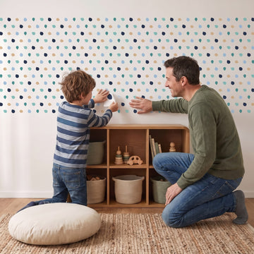 Pastel Pebble Dots Wall Sticker Decals wall decals: a boy and his dad putting the decals up in a kids' room