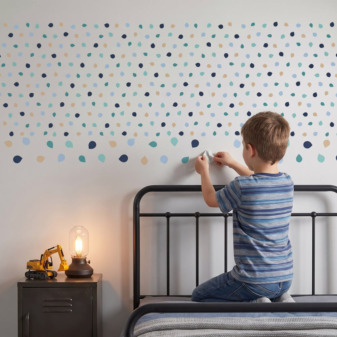 Pastel Pebble Dots Wall Sticker Decals wall decals: a boy putting the decals up in a boy's bedroom