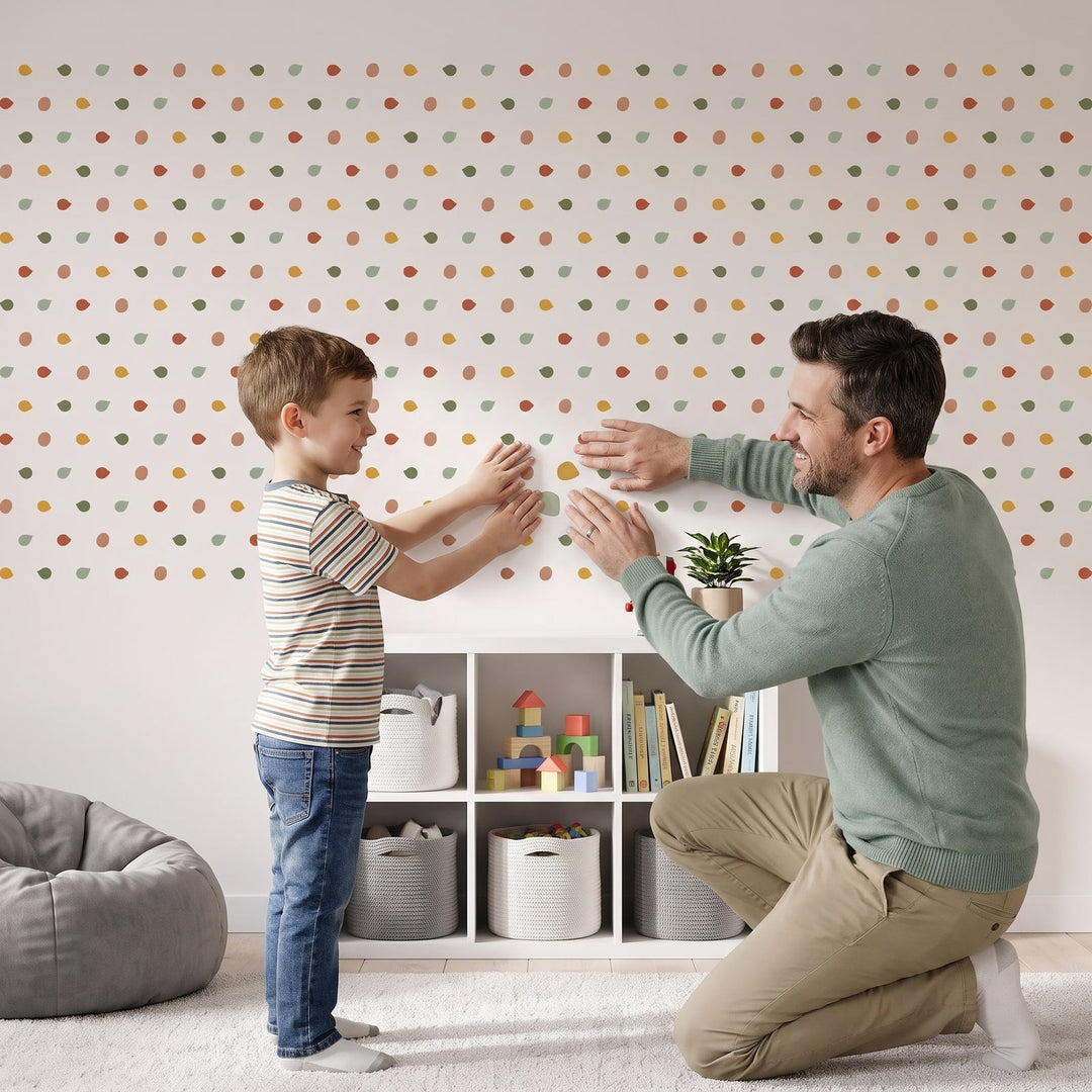 Pebble Dot Wall Sticker Decals wall decals: a boy and his dad putting the decals up in a kids' room