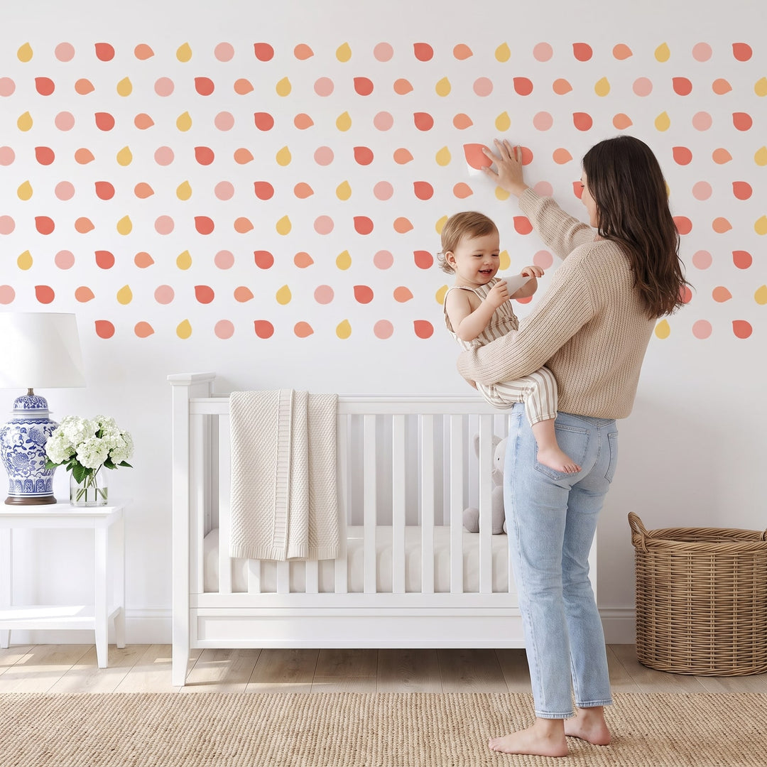 Colour Pop Pebble Dots Wall Sticker Decals wall decals: a toddler and their mum putting the decals up in a nursery