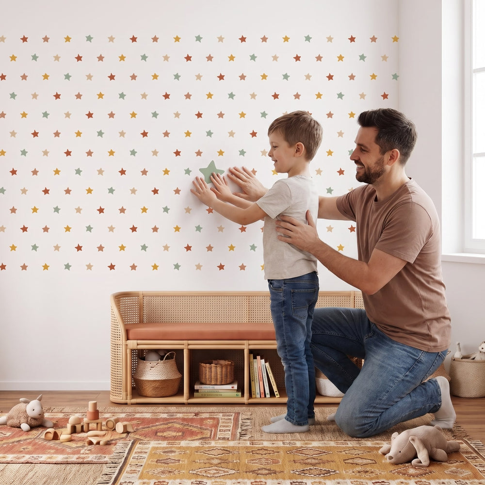 Earthy Star Scatter Wall Sticker Decals wall decals: a boy and his dad putting the decals up in a playroom