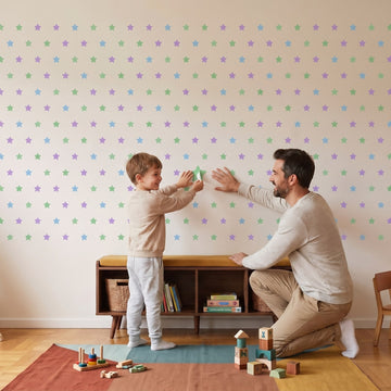 Pastel Star Shower Wall Sticker Decals wall decals: a boy and his dad putting the decals up in a playroom