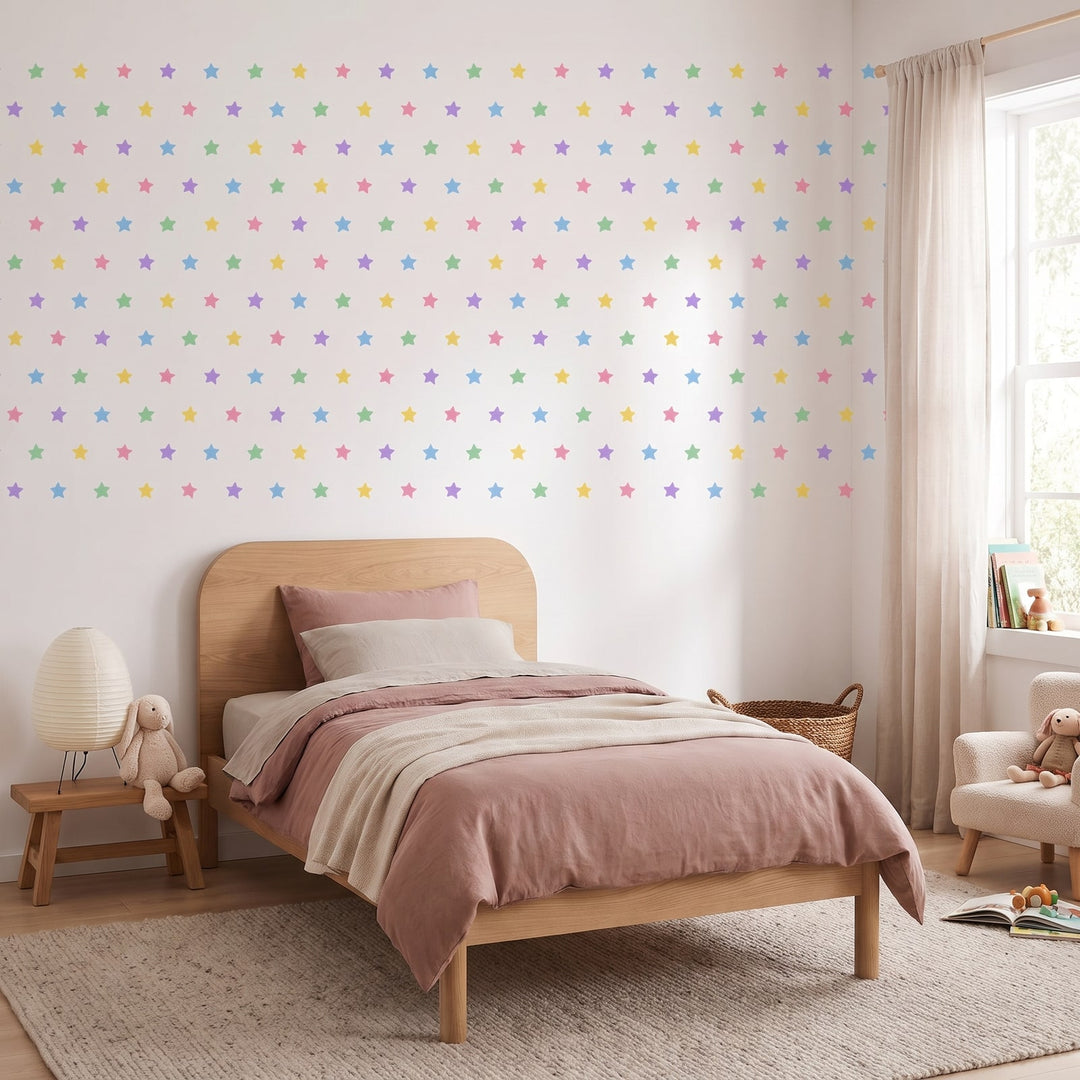 Pastel Star Shower Wall Sticker Decals wall decals: the whole room from a corner in a girl's bedroom