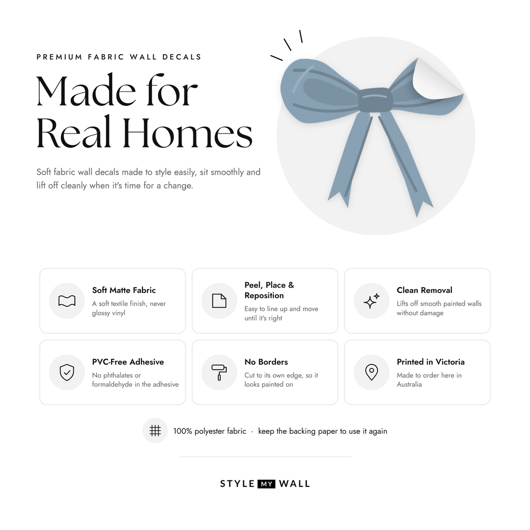 Ribbon Bows Wall Sticker Decals: soft matte fabric wall decals that peel, stick and reposition, printed in Victoria