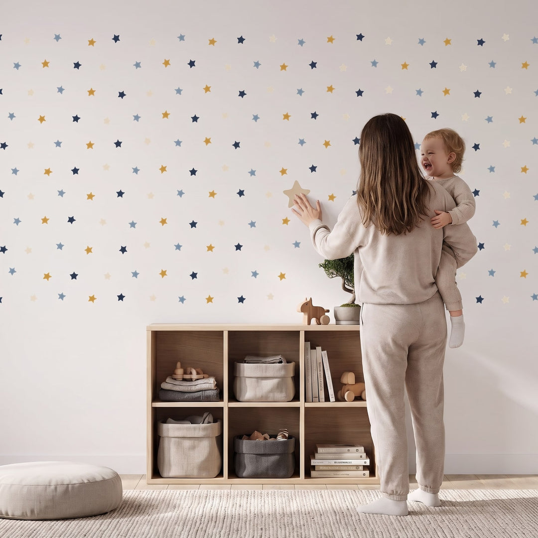 Little Dreamer Stars Wall Sticker Decals wall decals: a toddler and their mum putting the decals up in a kids' room