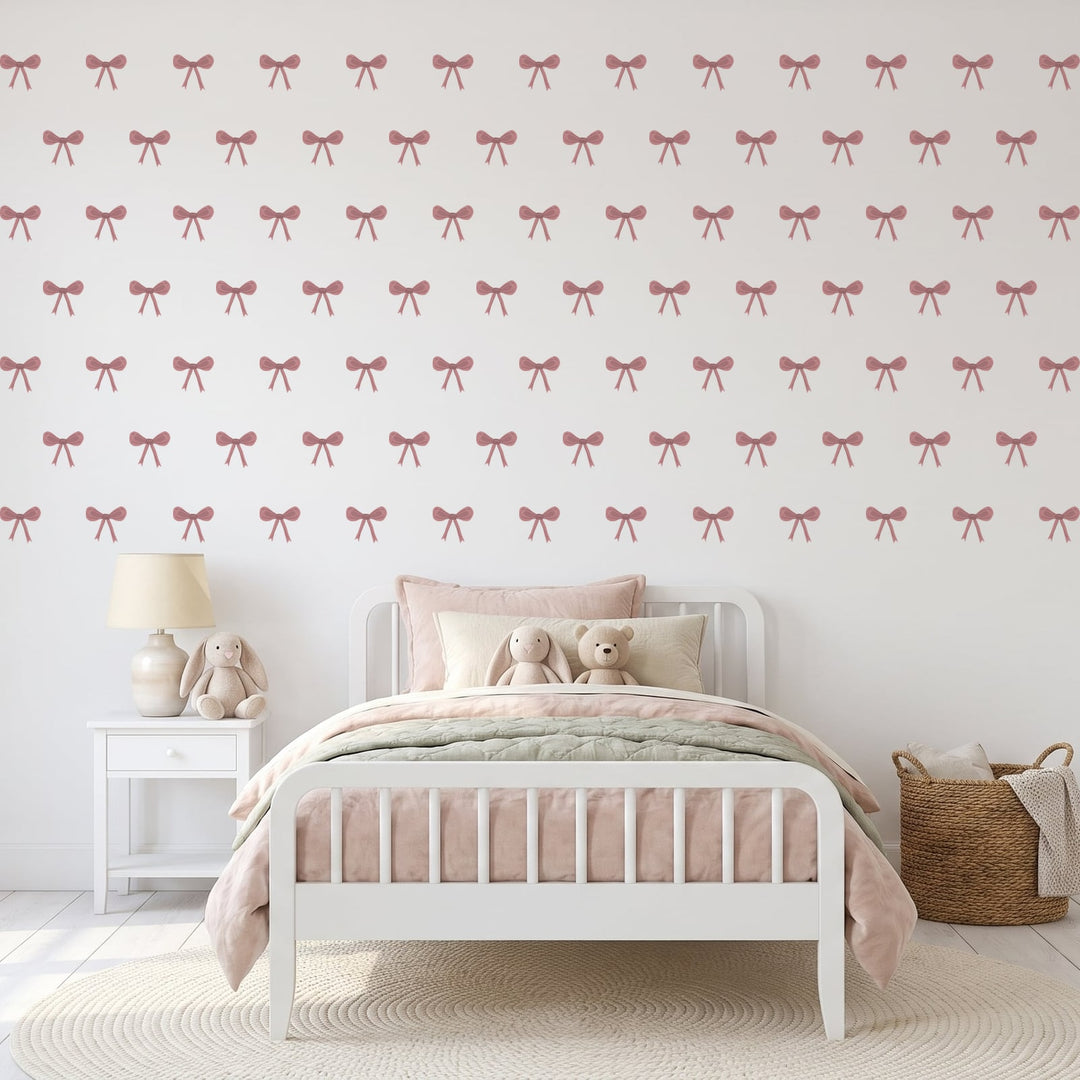 Ribbon Bows Wall Sticker Decals wall decals on a girl's bedroom wall (in Dusty Rose, 81 Pack size)