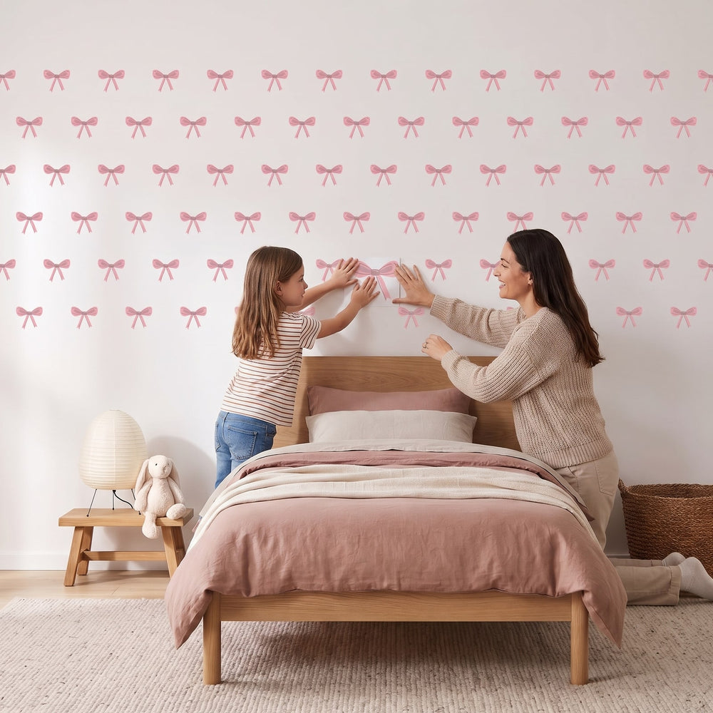 Ribbon Bows Wall Sticker Decals wall decals: a girl and her mum putting the decals up in a girl's bedroom