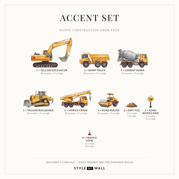 Aussie Construction Crew Wall Sticker Decals: Accent Set sizes
