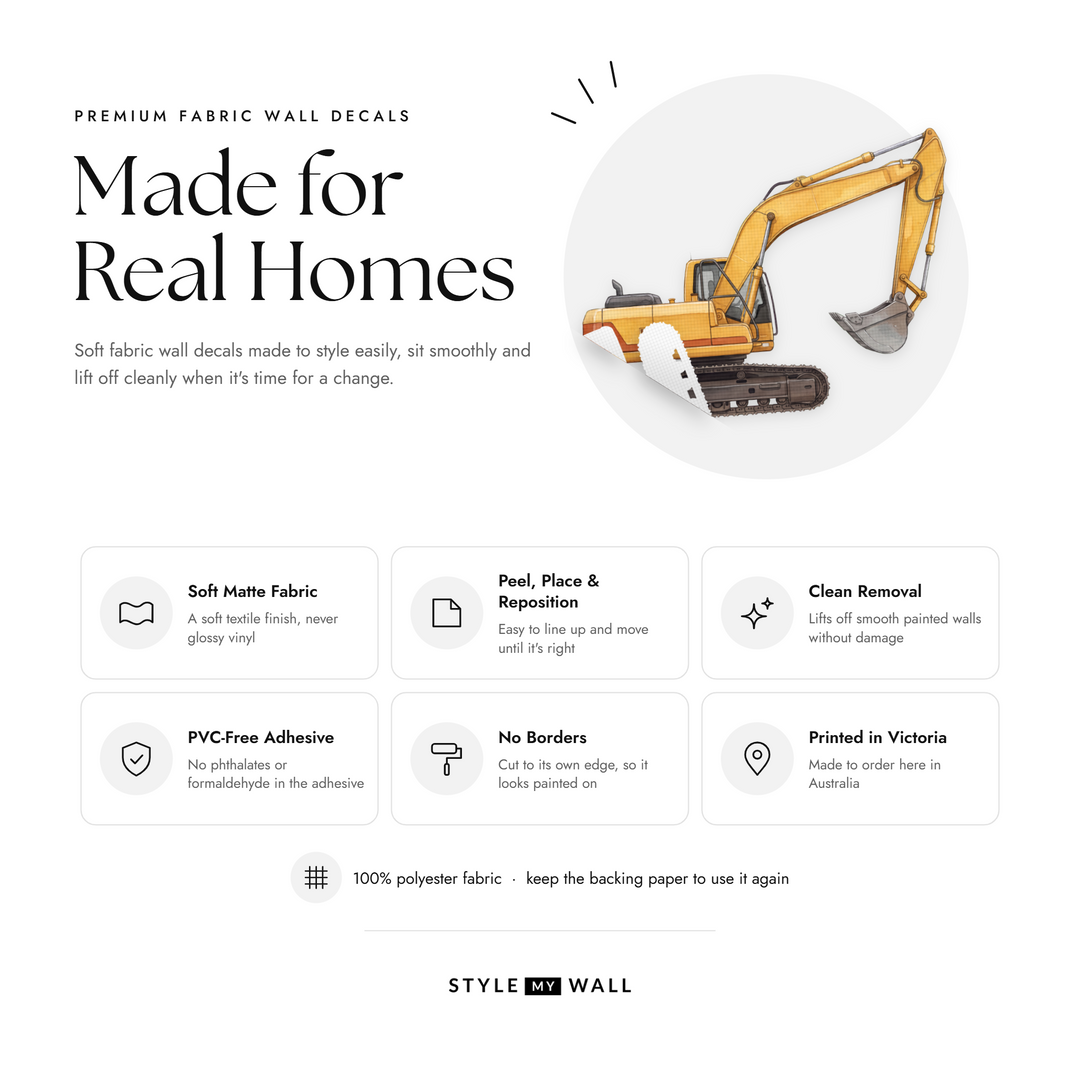 Aussie Construction Crew Wall Sticker Decals: soft matte fabric wall decals that peel, stick and reposition, printed in Victoria