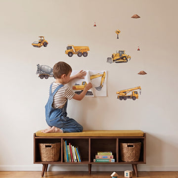 Aussie Construction Crew Wall Sticker Decals wall decals: a boy putting the decals up in a playroom