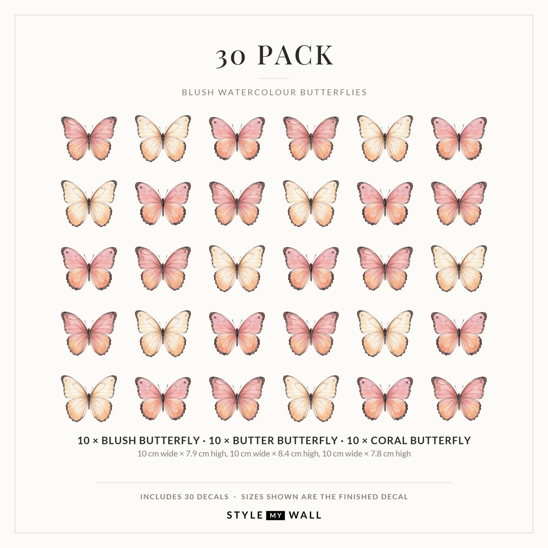 Blush Watercolour Butterflies Wall Sticker Decals: 30 Pack sizes