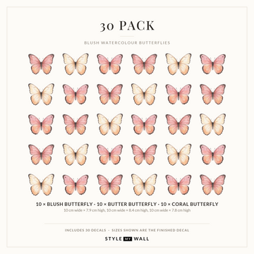 Blush Watercolour Butterflies Wall Sticker Decals: 30 Pack sizes