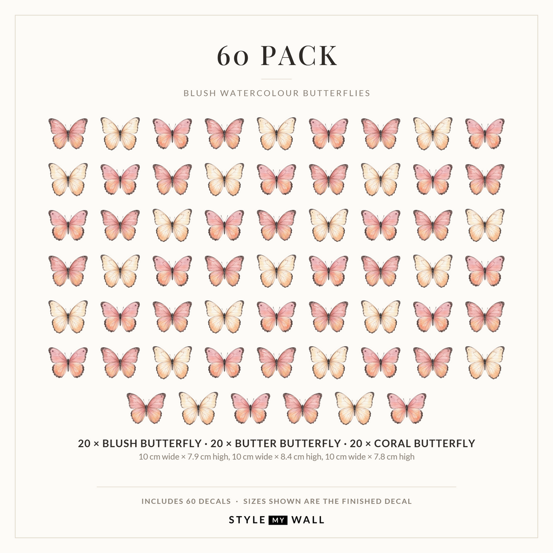 Blush Watercolour Butterflies Wall Sticker Decals: 60 Pack sizes