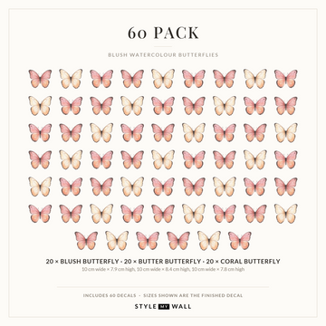 Blush Watercolour Butterflies Wall Sticker Decals: 60 Pack sizes