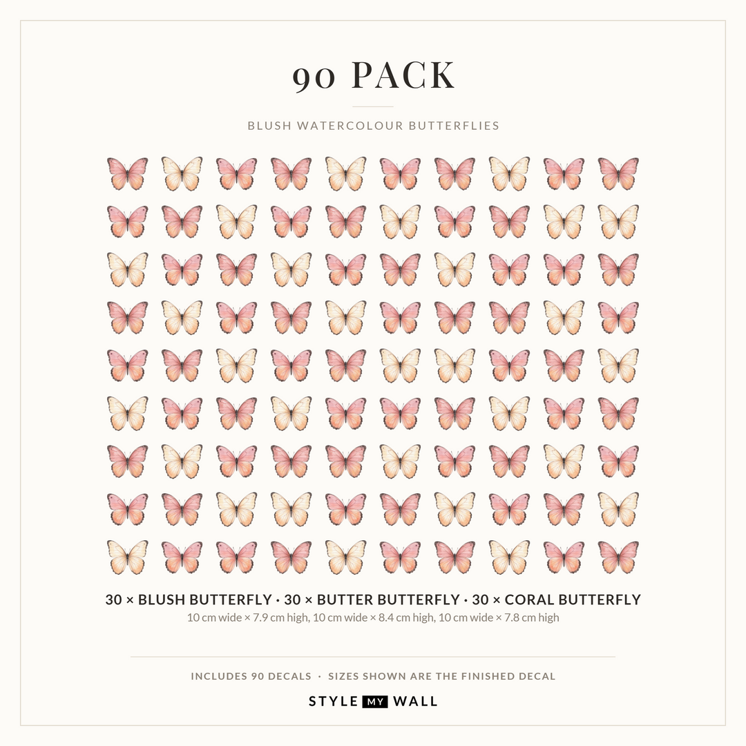 Blush Watercolour Butterflies Wall Sticker Decals: 90 Pack sizes