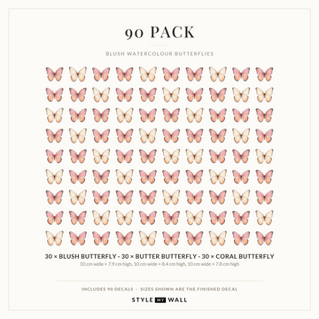 Blush Watercolour Butterflies Wall Sticker Decals: 90 Pack sizes