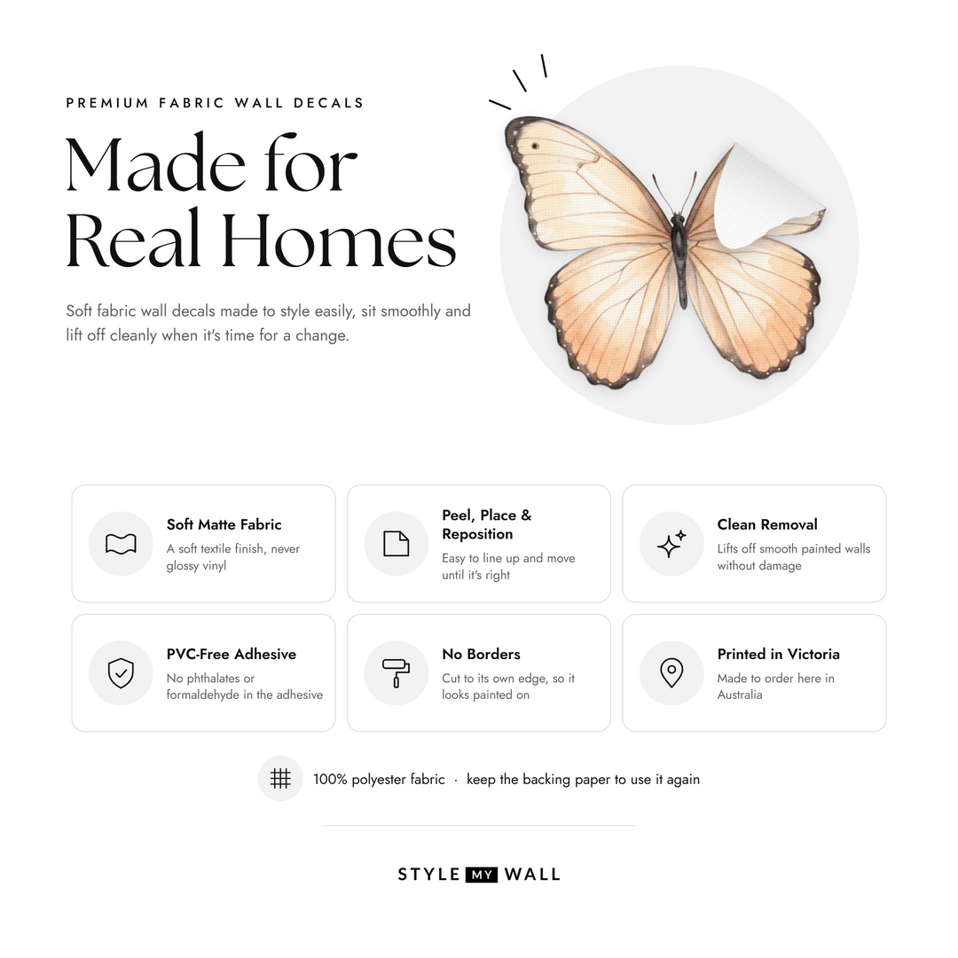 Blush Watercolour Butterflies Wall Sticker Decals: soft matte fabric wall decals that peel, stick and reposition, printed in Victoria