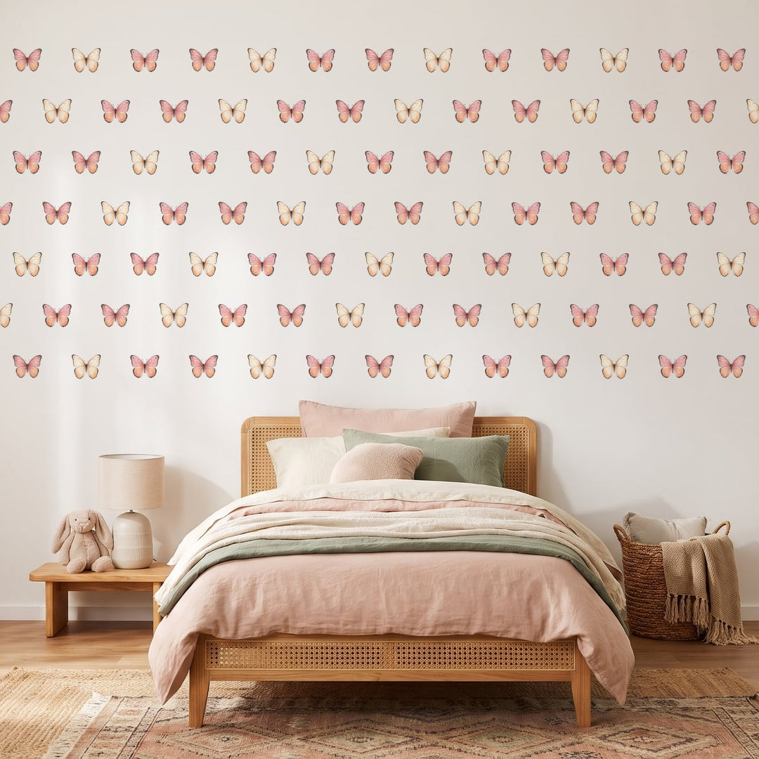 Blush Watercolour Butterflies Wall Sticker Decals wall decals on a girl's bedroom wall (90 Pack size)